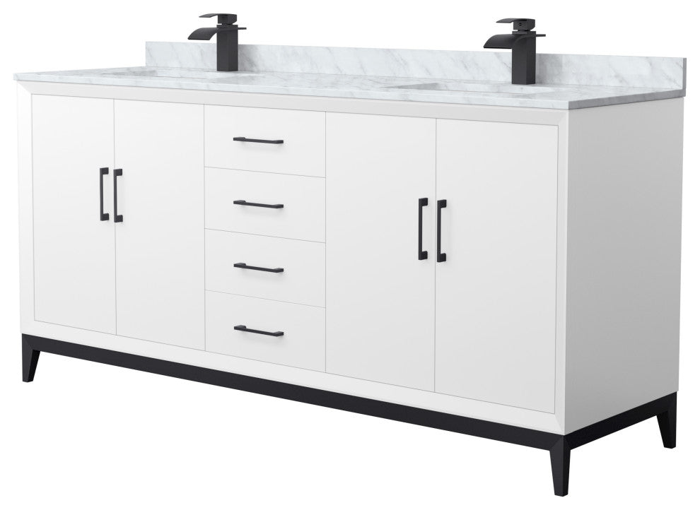 Amici 72" White Double Vanity, White Carrara Marble Top, Matte Black Trim
