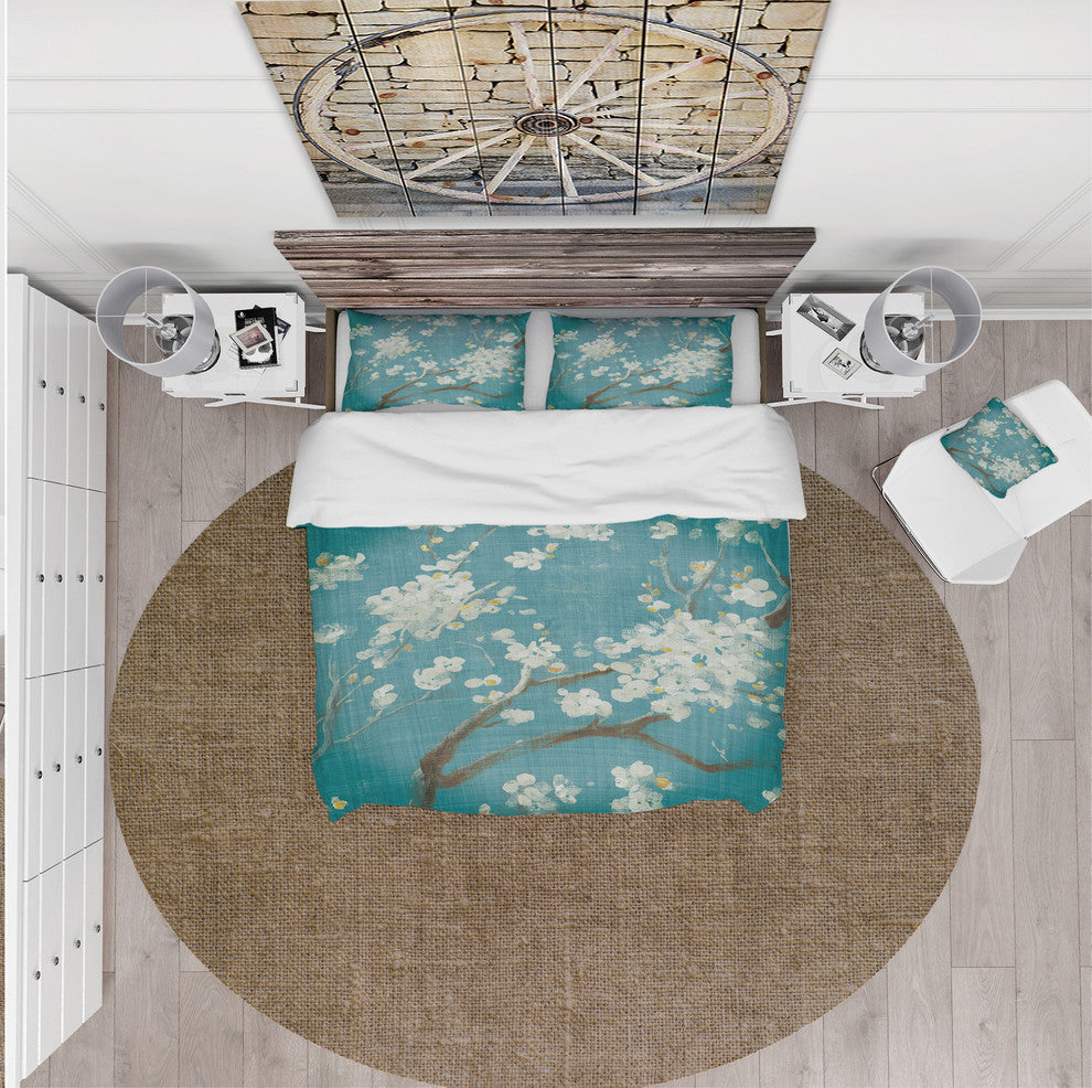 Blue Cherry Blossoms Ii Cottage Duvet Cover Set, King