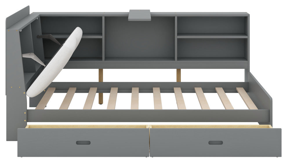 Gewnee Wood Twin Size platform bed with Storage Headboard