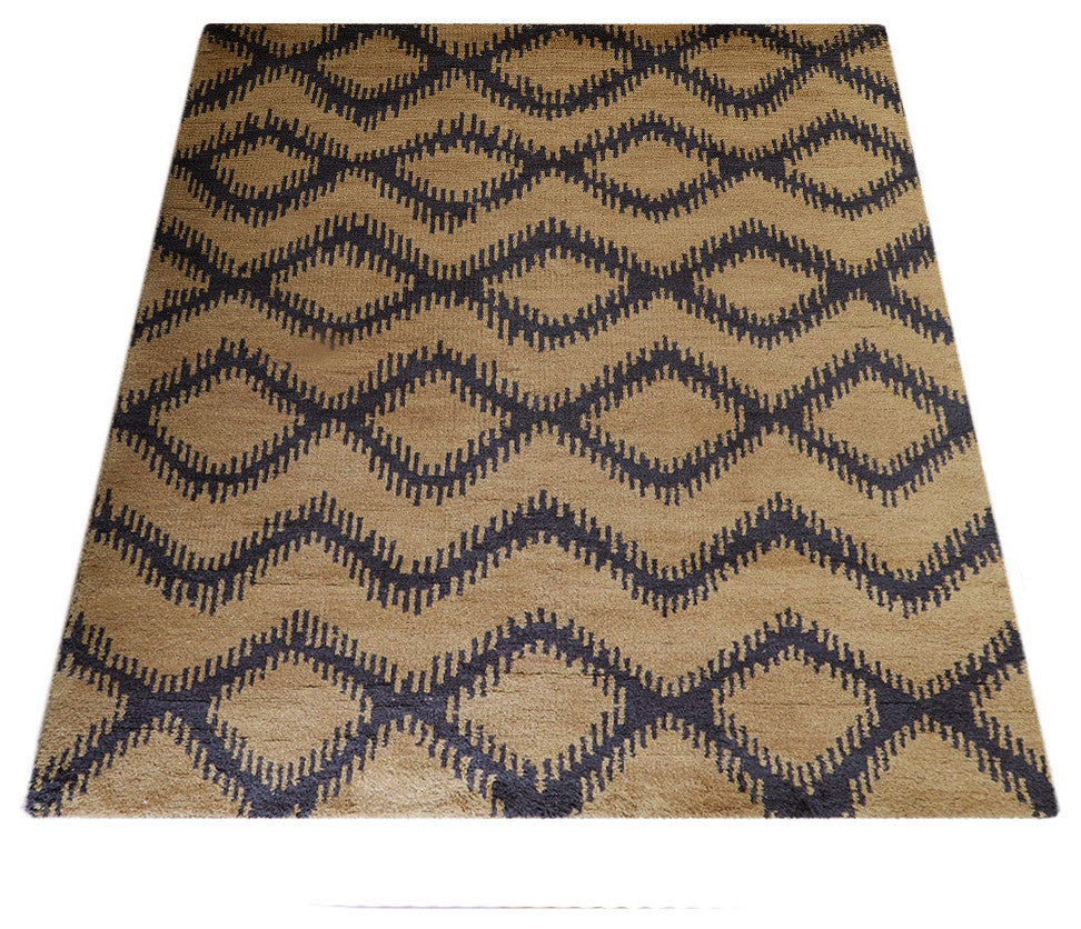 Hand Knotted Wool Area Rug Geometric Gold Charcoal