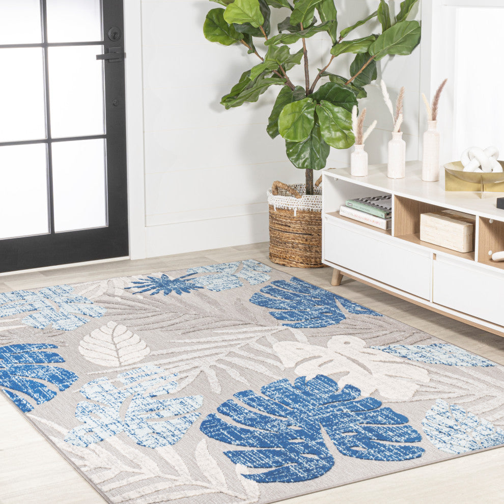 Monstera Tropical Leaf High-Low Indoor/Outdoor Area Rug, Light Gray/Navy, 3 X 5