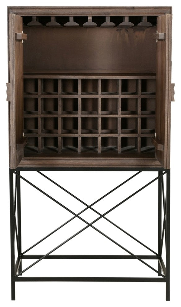 Albert Solid Wood Wine Cabinet with 2 Hand-Carved Doors in Brown