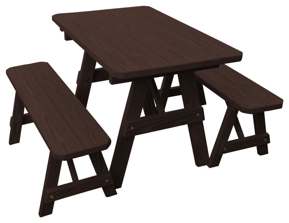 Pressure Treated Pine Picnic Table With 2 Benches, Walnut Stain, 5 Foot, No Umbrella Hole