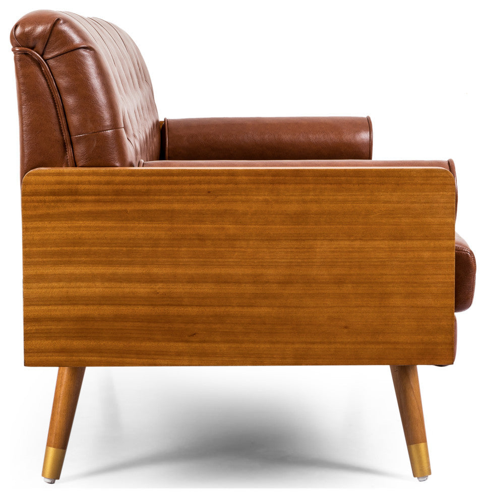 Neil Tufted Sofa With Rolled Accent Pillows, Cognac Brown, Dark Walnut, Gold
