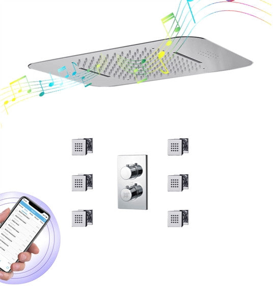 LED 20*14" Digital Remote Controlled Rainfall Shower System, 6 Body Jets, Chrome