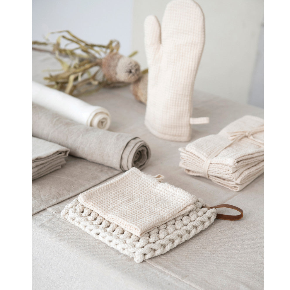 Woven Linen and Cotton Waffle Hot Pad Mitt, Cream