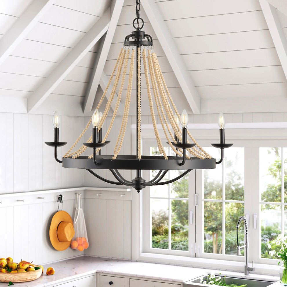 Matte Black Farmhouse Candle Chandelier With Wood Beads Design