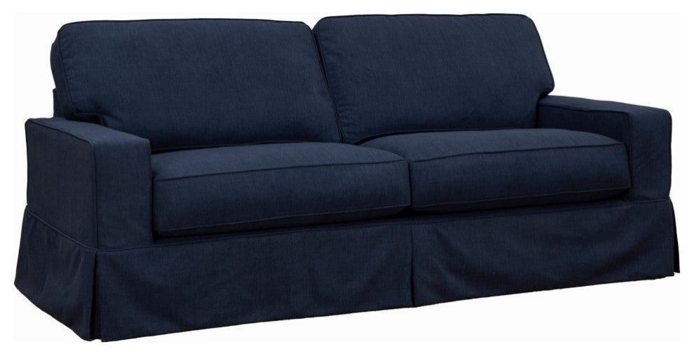 Box Cushion Slip-Covered Sofa, Stain Resistant Performance Fabric, Navy Blue