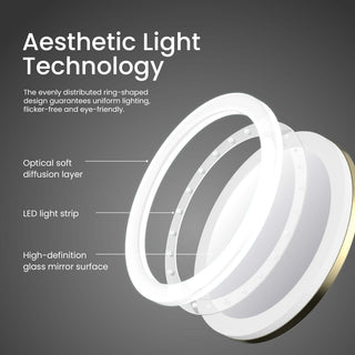 Circular LED Wall Mount One Side 5x Magnifying Make Up Mirror, Brushed Gold