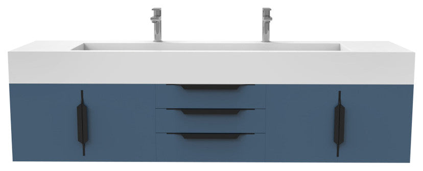 CastelloUSA Nile 72" Wall Mounted Bathroom Vanity Set, Blue, White Top, Black Handles