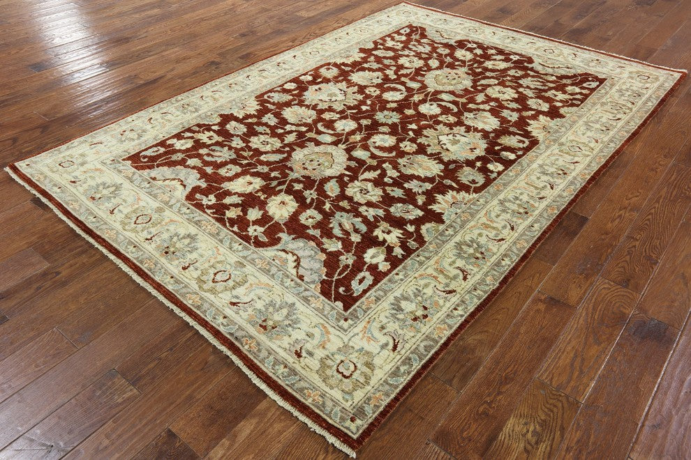 Oushak Peshawar Pakistani Chobi Burgundy Hand-Knotted Wool Rug, 6'x9'