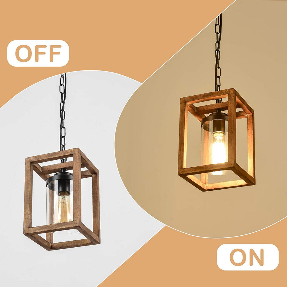 Wooden Square Pendant Lighting Fixtures Cage Swag Hanging Chandelier