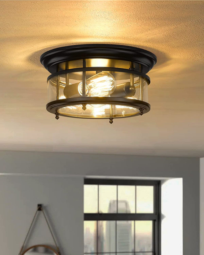 2 Light Ceiling Light, Industrial, Flush Mount Ceiling Lamp, Glass Shade
