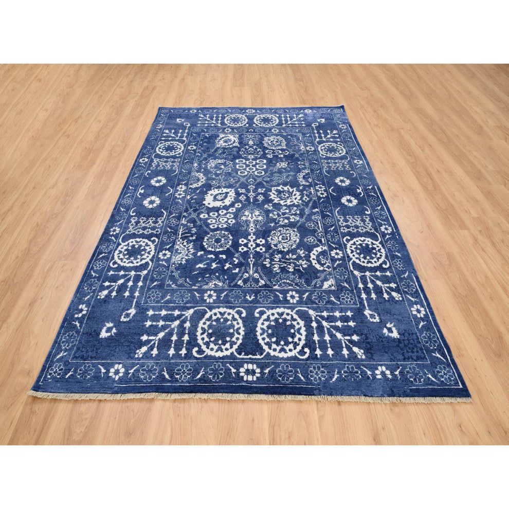 Tone On Tone Tabriz Hand Knotted Wool and Silk Blue Oriental Rug, 6'0" x 8'10"