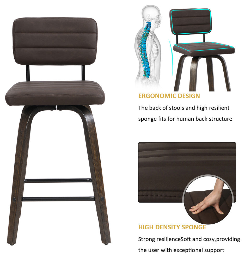 Swivel Bar Stool Leather Bar Stool, Wood Legs, Counter Height, Pu, Set of 2, Brown, 26"