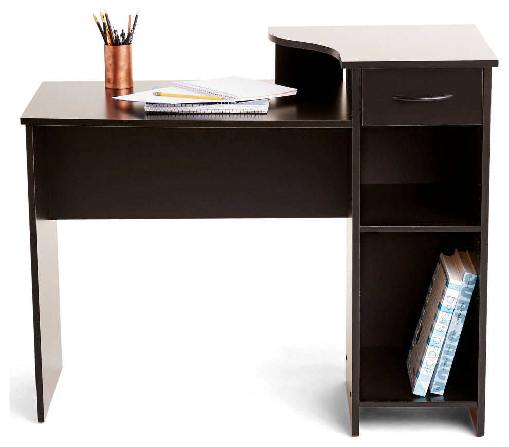 Modern Desk, Rectangular Top With Raised Shelf & Storage Drawers, Blackwood
