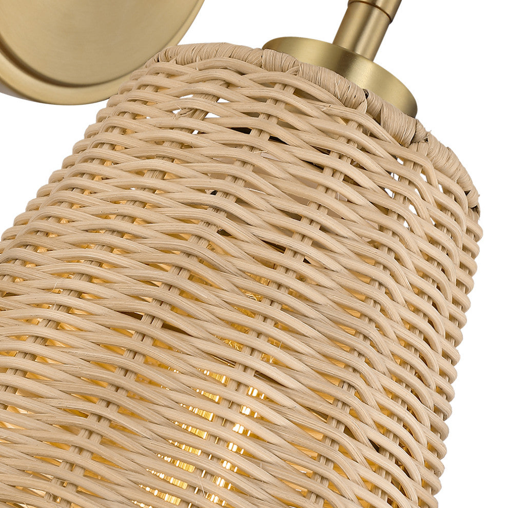 7" W 1-Light Natural Rattan Wall Sconce With Adjustable Swivel Swing Arm, Brass