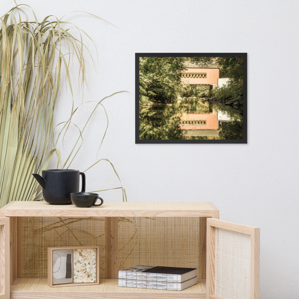 The Reflections of Wooddale Covered Bridge Aged Framed Photo Wall Art Print, Black, 16" X 20"