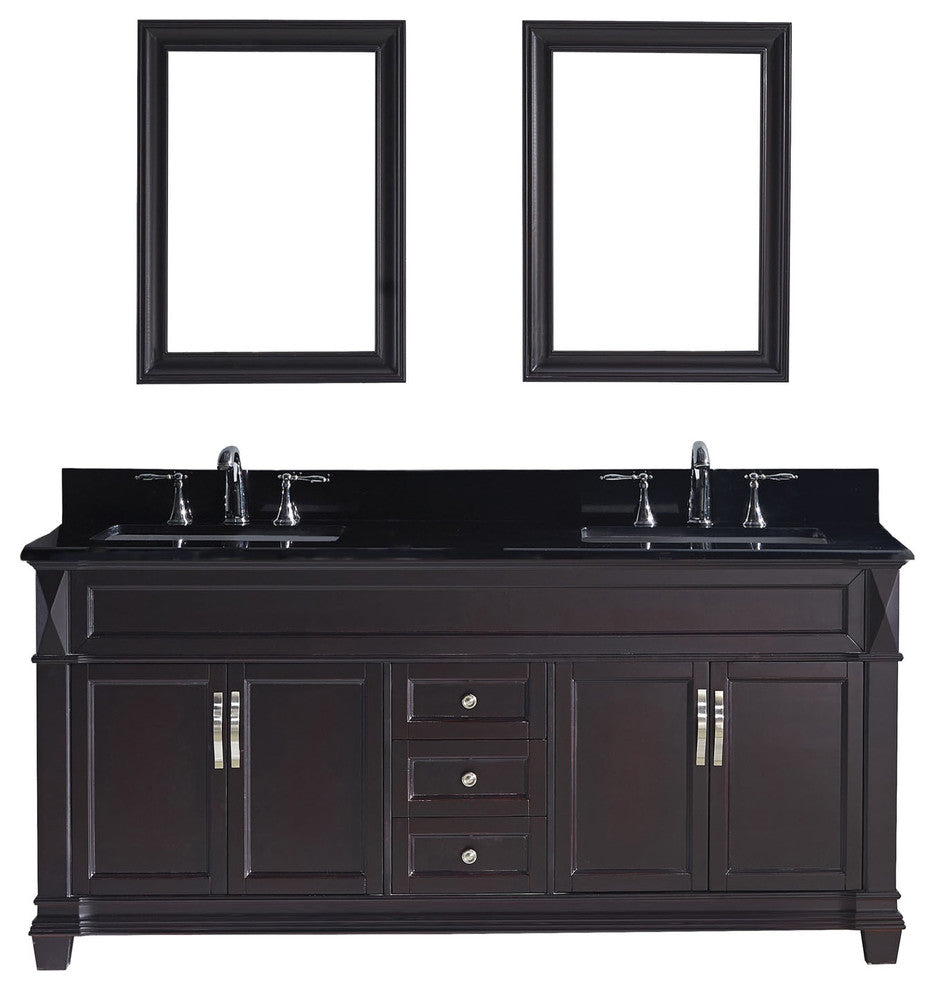 Virtu Victoria 72" Double Bathroom Vanity, Espresso With Faucet and Mirrors