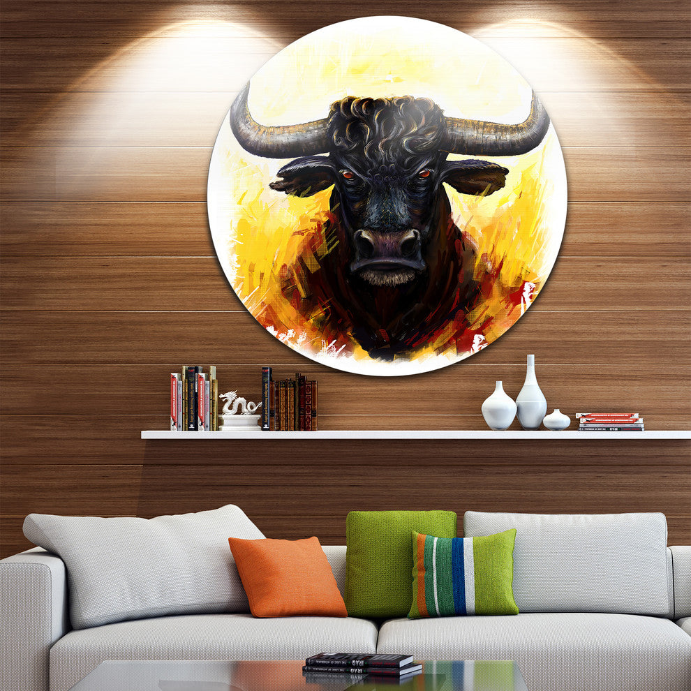 Fierce Bull Illustration, Animal Round Metal Wall Art, 11"