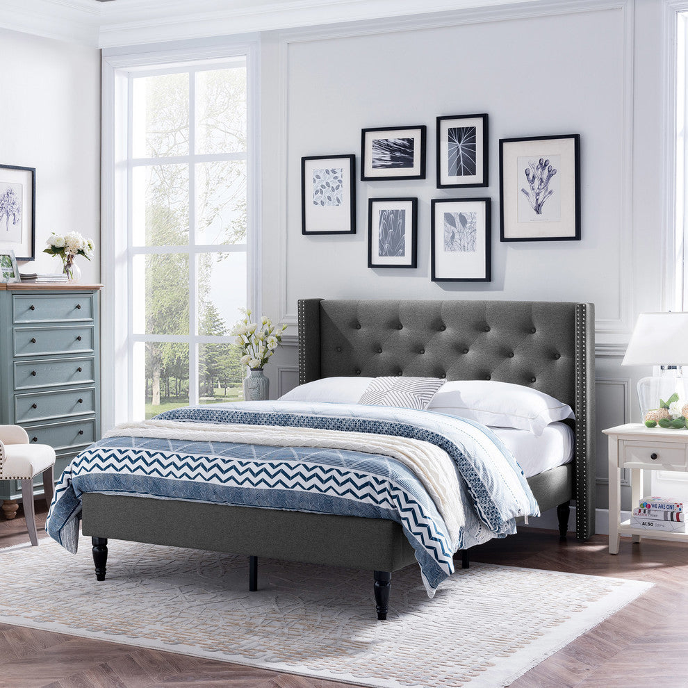 GDF Studio Ray Traditional Fully-Upholstered Queen-Size Bed Frame, Charcoal Gray