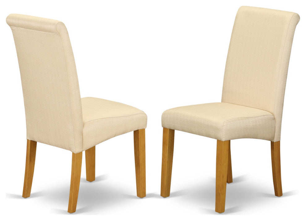 7-Piece Dining Room Table, Linen Beige Fabric Parson Chairs, Oak Chair Legs