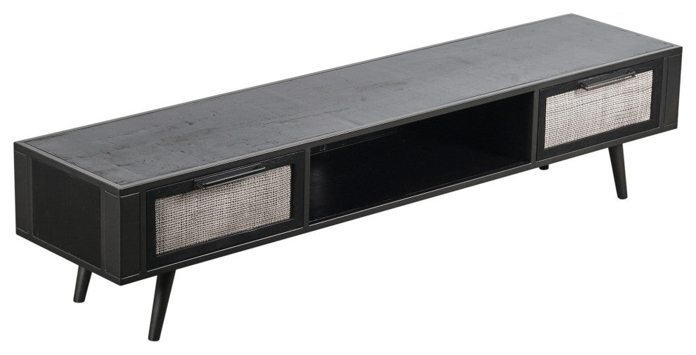 Rustic Black and Rattan TV Stand With Two Drawers