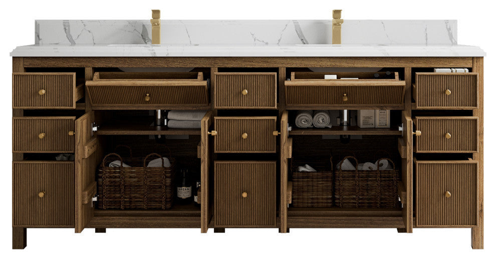 Sonoma Teak 84 Double Sink Bath Vanity in Dark Natural with 1.5" Calacatta Laza