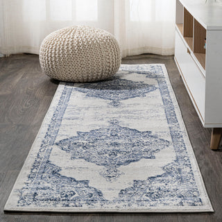 Alhambra Ornate Medallion Modern Runner Rug, Light Blue/Ivory, 2'x10'