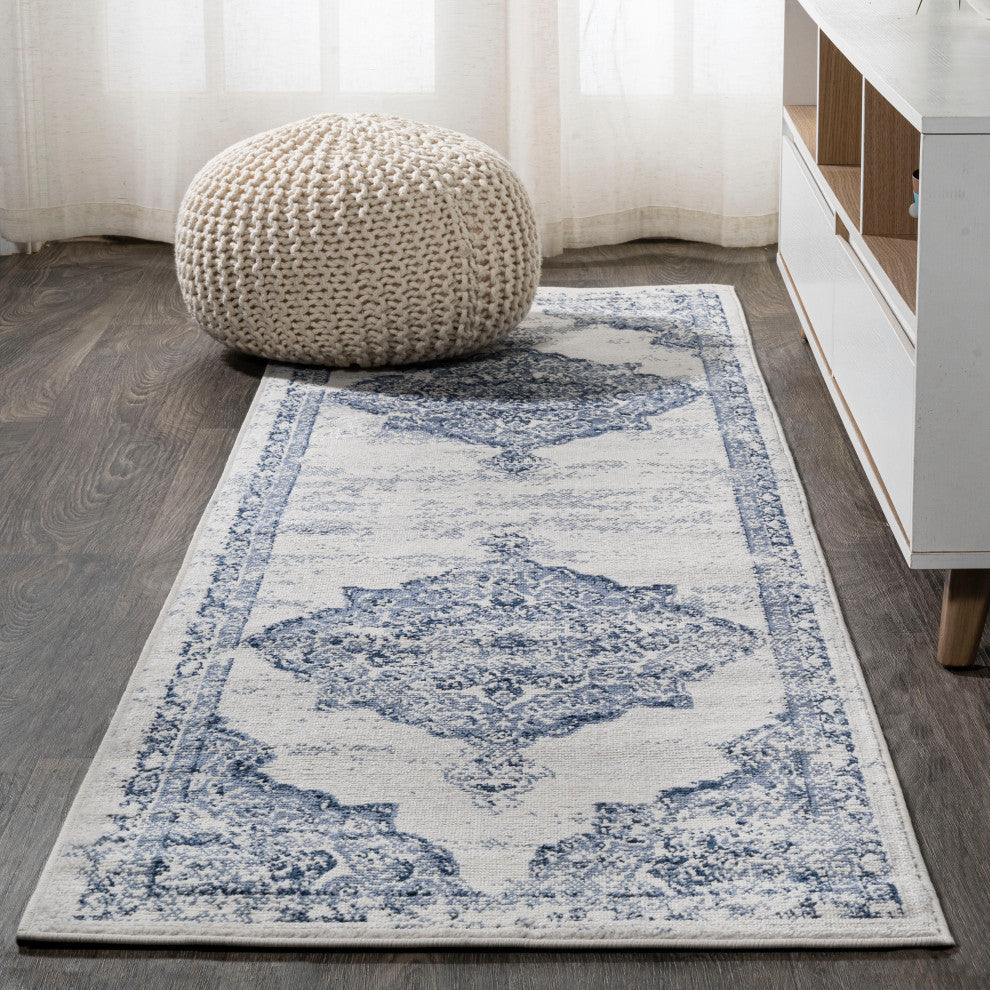 Alhambra Ornate Medallion Modern Runner Rug, Light Blue/Ivory, 2'x10'