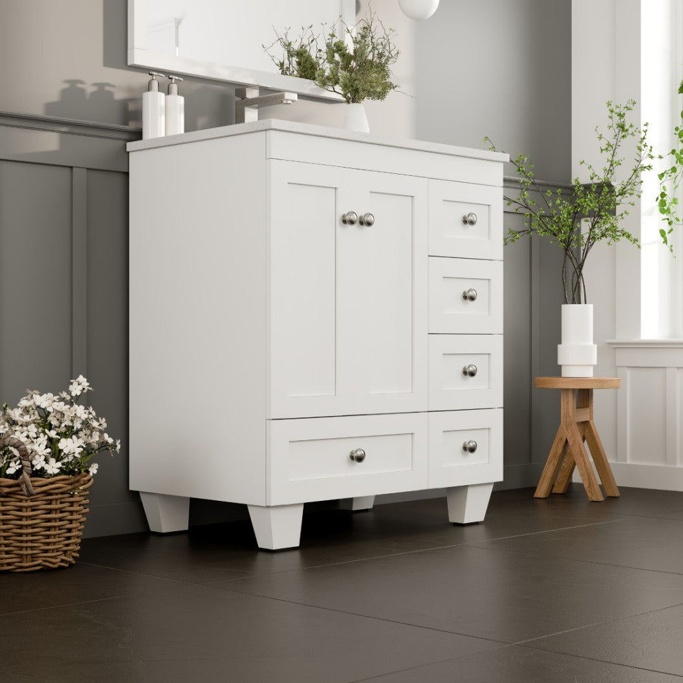 Eviva Happy 30"W White Bathroom Vanity with White Carrara Quartz Countertop