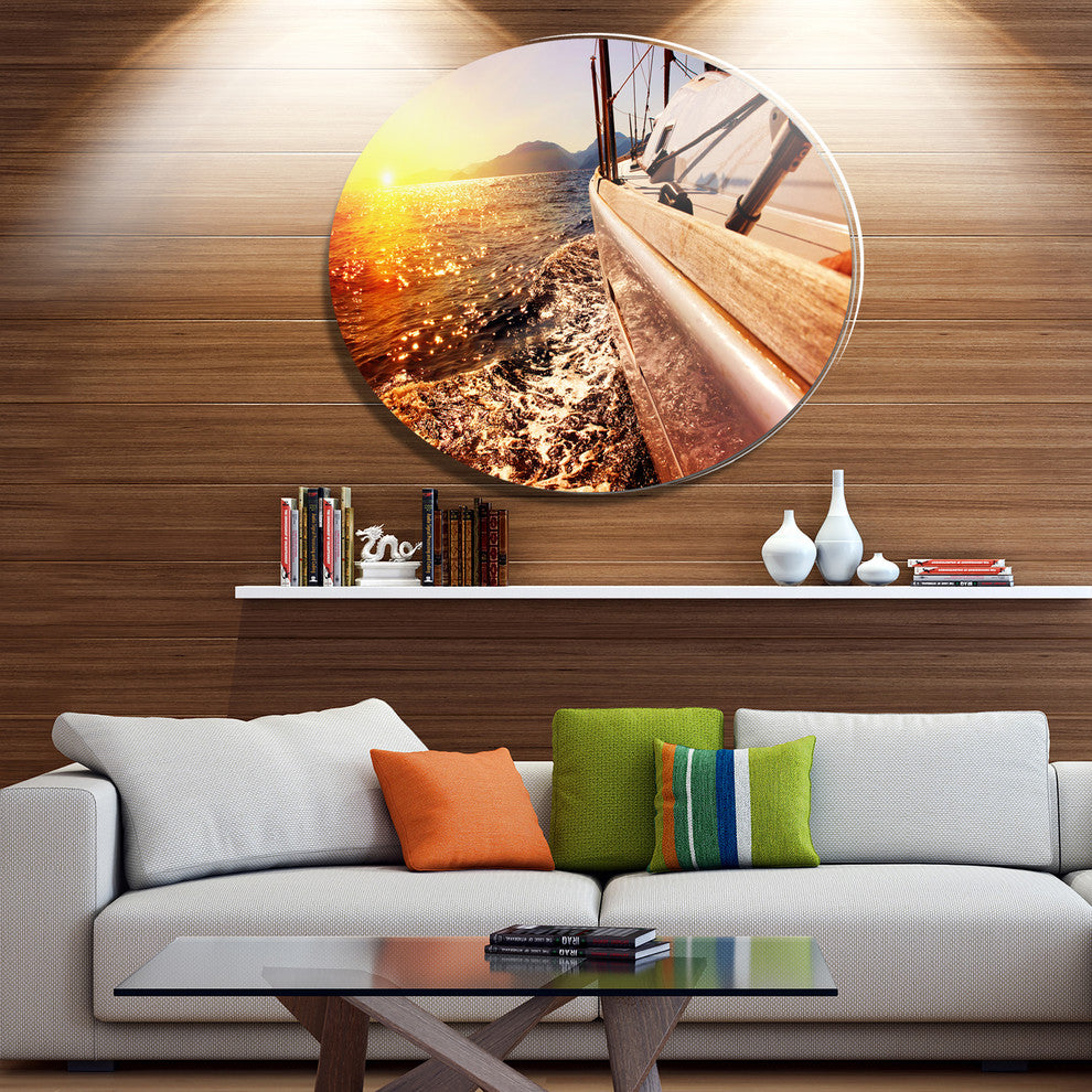 Yacht Sailing Against Sunset, Seashore Round Wall Art, 23"