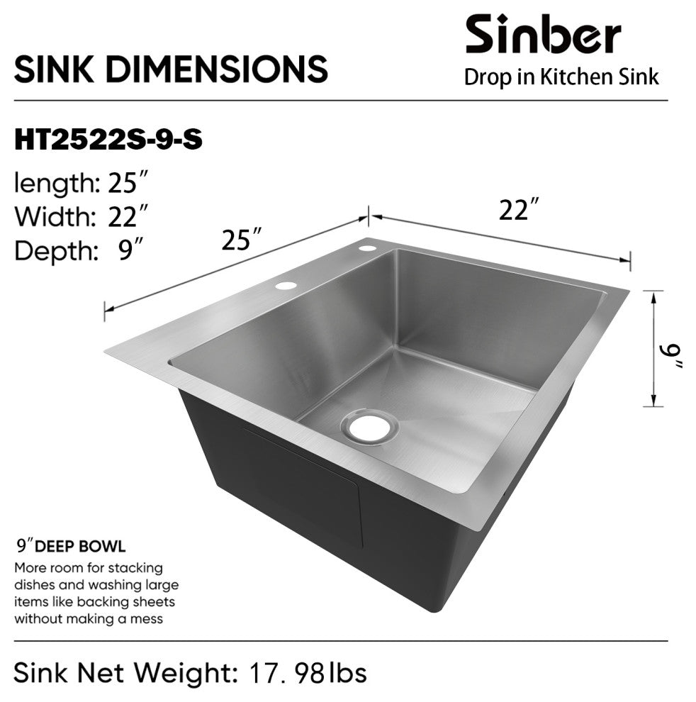 Sinber Single Bowl Kitchen Sink with 304 Stainless Steel Satin Finish, 25"x22"x9", Drop in