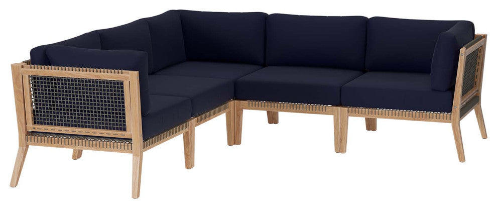 Clearwater Outdoor Patio Teak Wood 5-Piece Sectional Sofa, Gray Navy