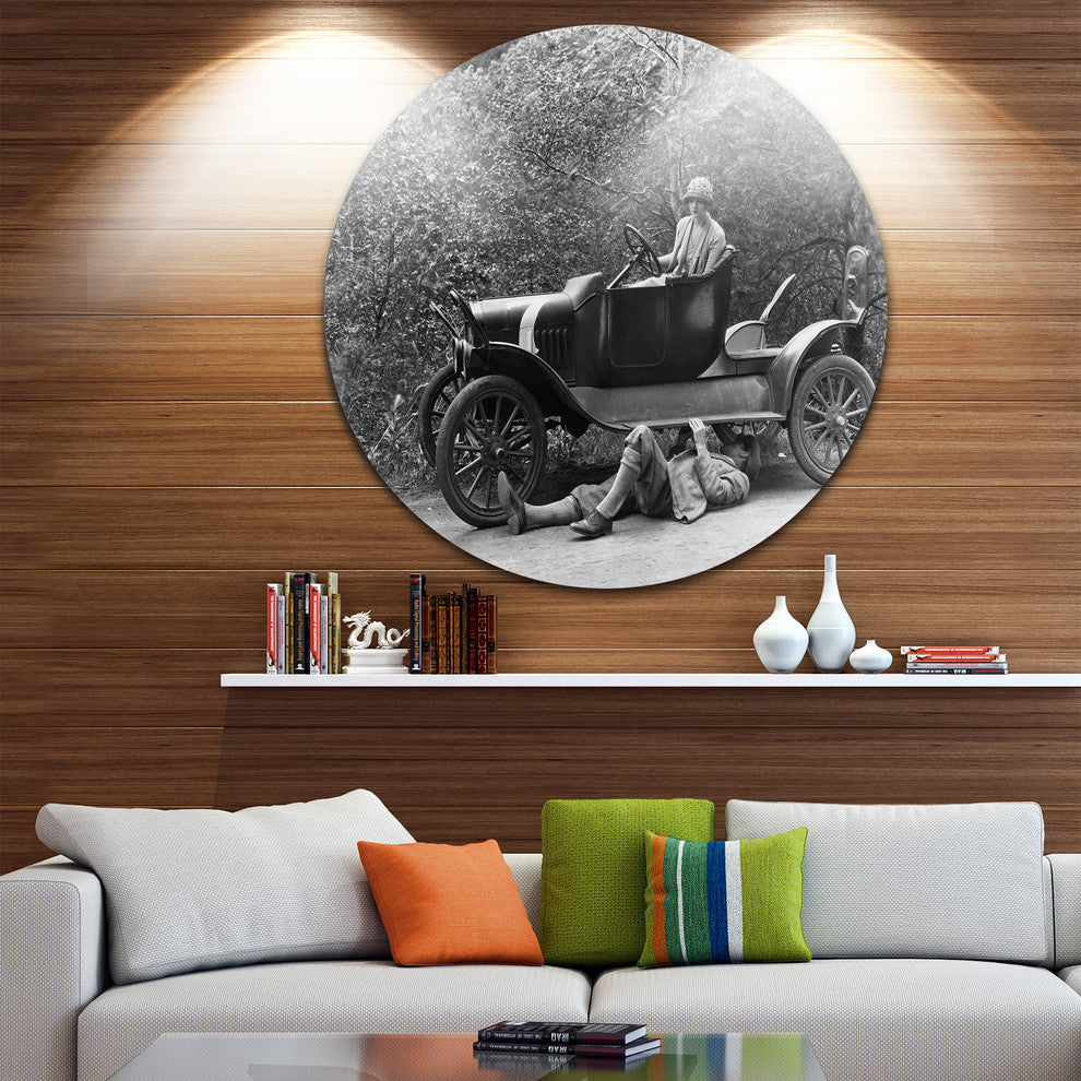 Vintage Car Repair, Car Photography Disc Metal Wall Art, 23"