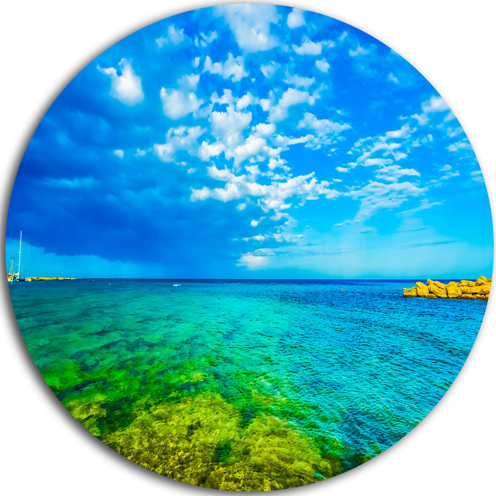 Picturesque Green Blue Seashore, Seascape Disc Metal Artwork, 11"