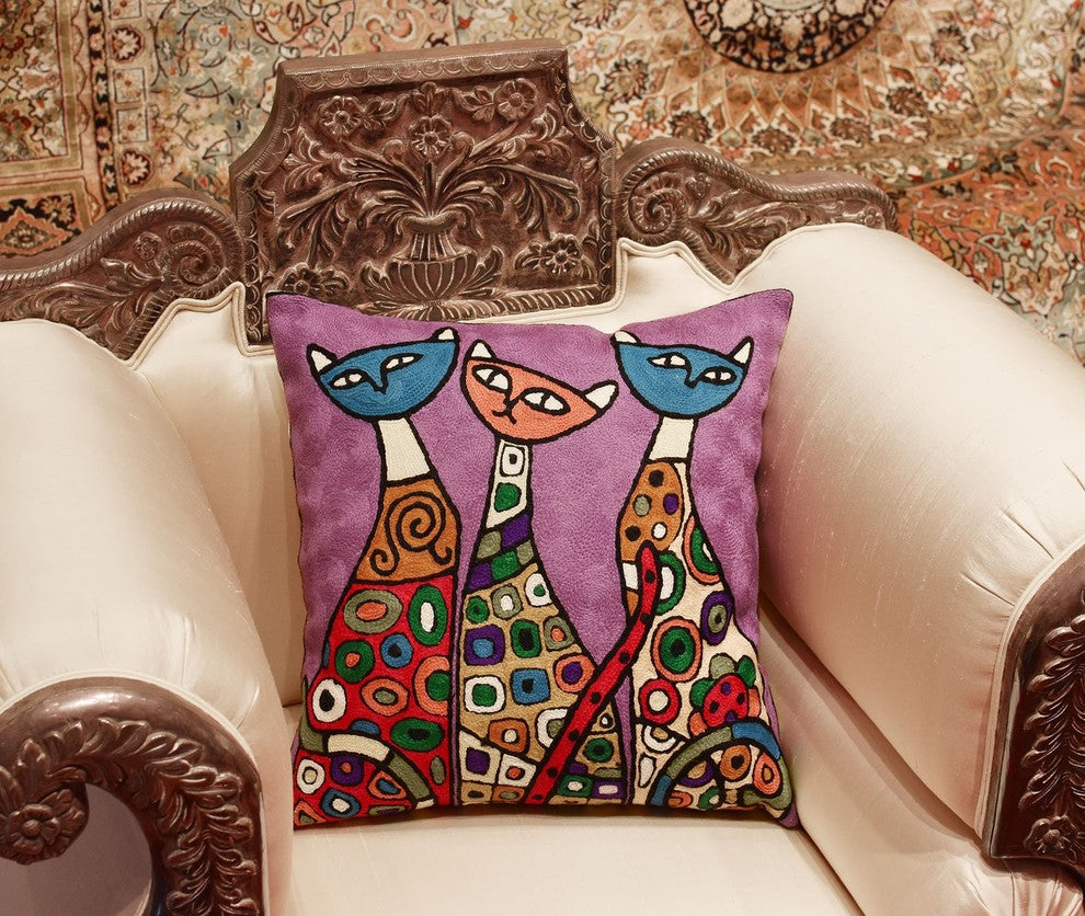 Modern Cats Purple Kitties Triplets Accent Pillow Cover Handmade Wool 18x18"
