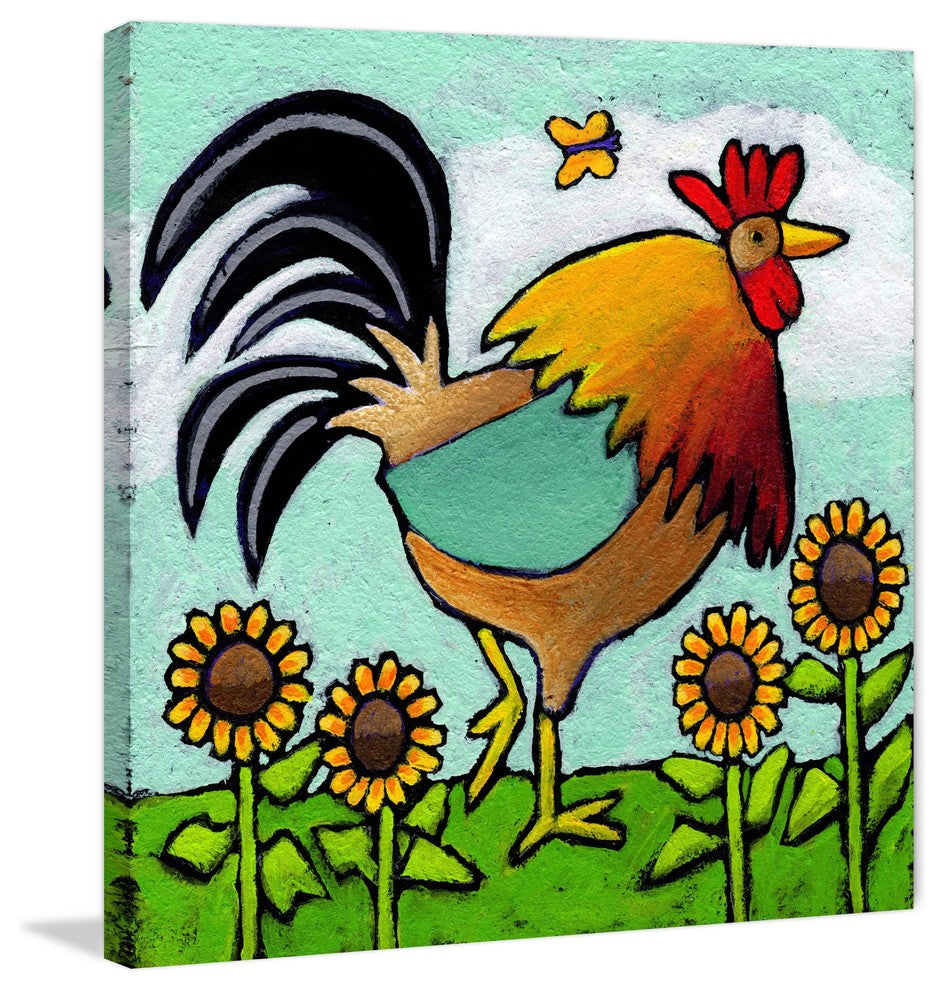 "Rooster with Sunflowers" by Janet Nelson Print Wrapped Canvas, 18x18