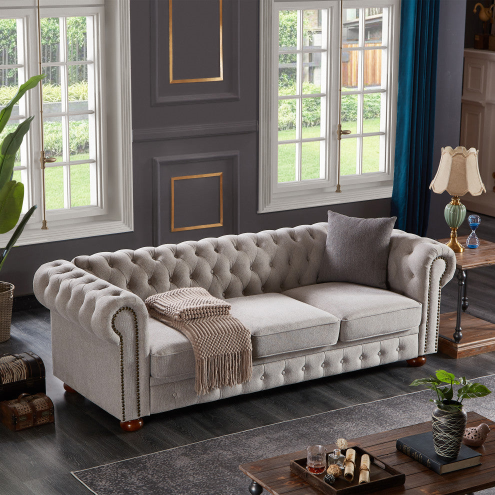 TATEUS linen fabric Chesterfield Large sofa Modern 3 Seater Couch Light Grey