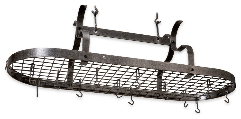 Handcrafted Scroll Arm Oval Ceiling Pot Rack w 24 Hooks Hammered Steel