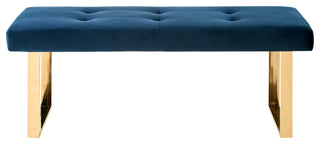 Dolores Velvet Button Tufted Square Leg Bench, Navy With Gold Base