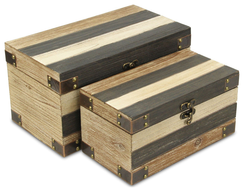 Wood Panel Storage Boxes, Bronze Metal Accents, 2-Piece Set