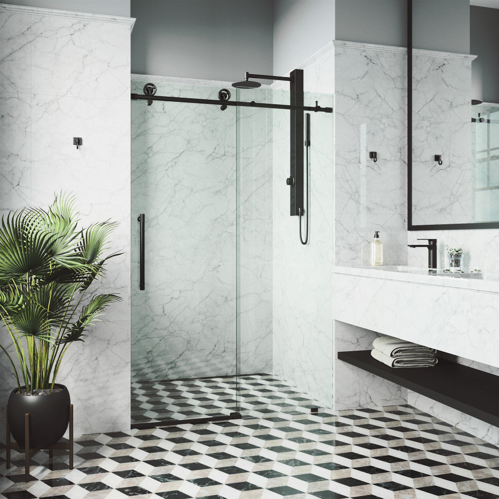 VIGO Elan Cass Aerodynamic 48" to 52" W x 76" H Frameless Sliding Shower Door, Matte Black, Clear Glass
