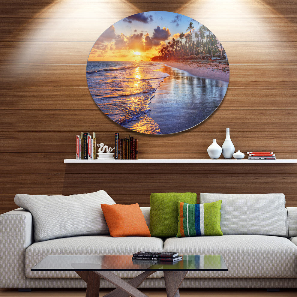Beach-Side Resort With Palm Trees, Seashore Art Disc Metal Artwork, 23"