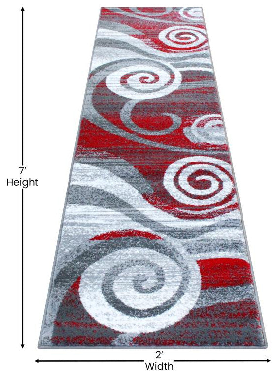 Cirrus Collection Swirl Patterned Olefin Area Rug with Jute Backing, Red, 2' X 7'