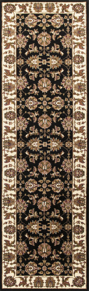 HomeRoots 7' Octagon Black or Ivory Floral Vines Bordered Indoor Area Rug