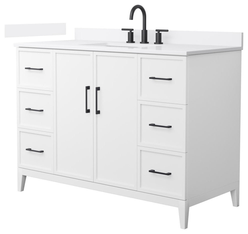 Elan 48" Single Vanity, White, White Quartz Top, 3-Hole, Black Trim