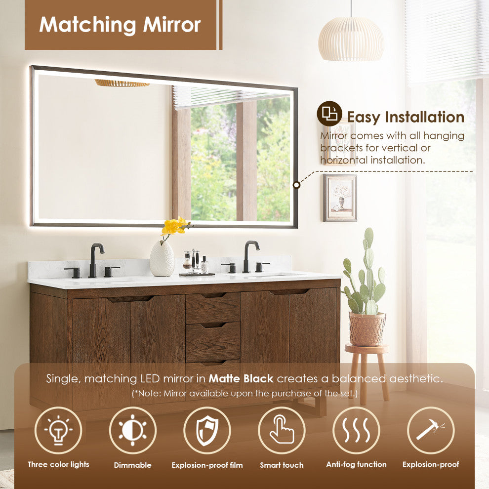 Mowry Bathroom Vanity, Brown Brushed Oak, 72", With Mirror