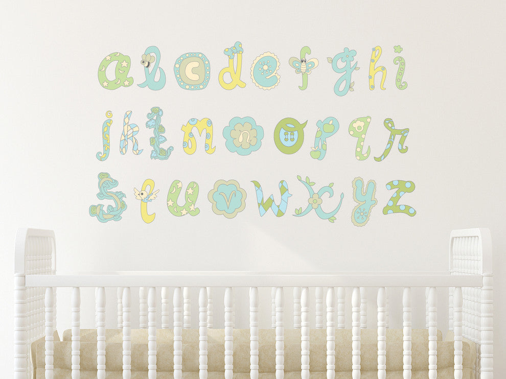 Alphabet Fabric Wall Decals , Script Alphabet in Blue and Green