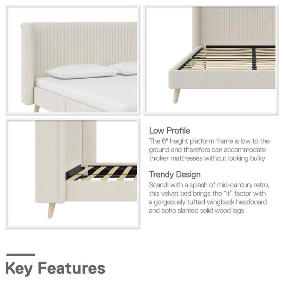 Novogratz Holly Upholstered Wingback Bed Frame in Queen in Ivory Velvet